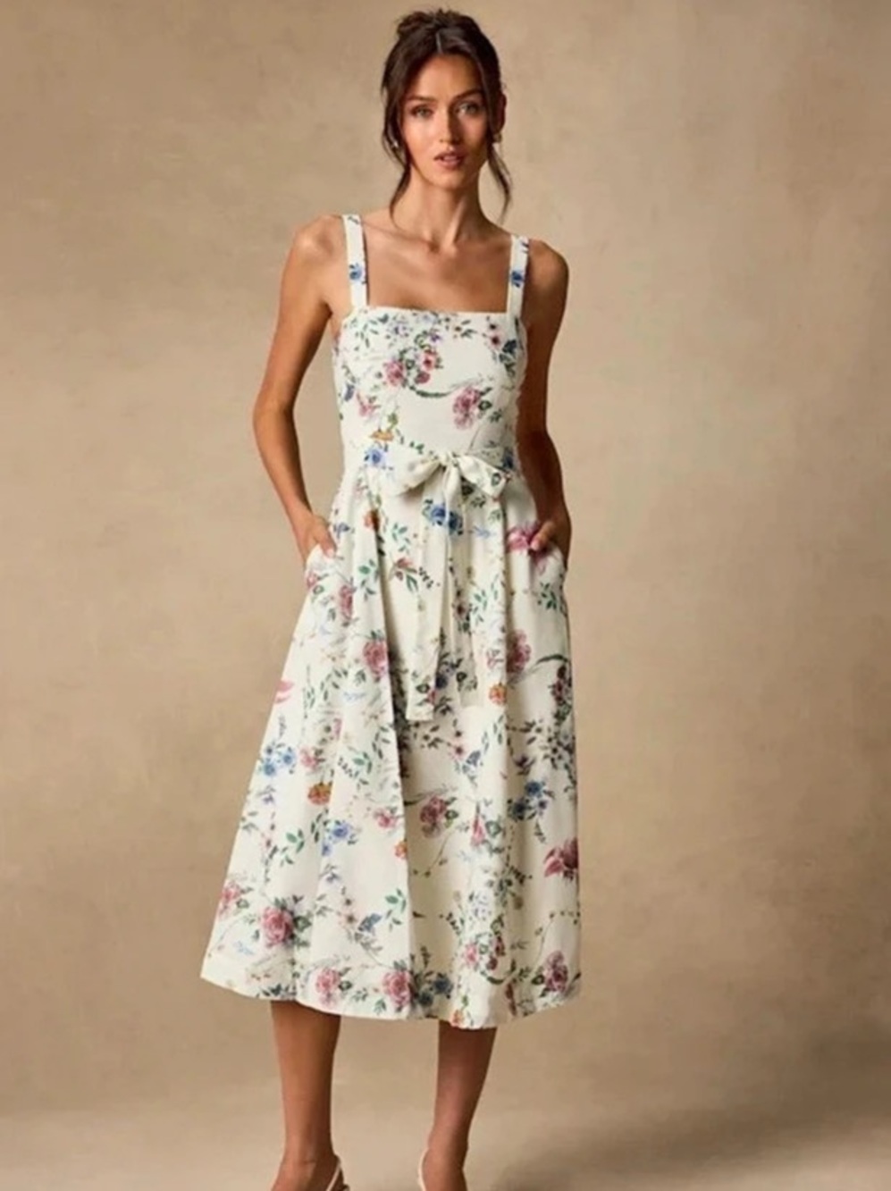 NWT - Lulus Sunny Posture Ivory Floral Sleeveless Midi Dress Cottagecore Floral